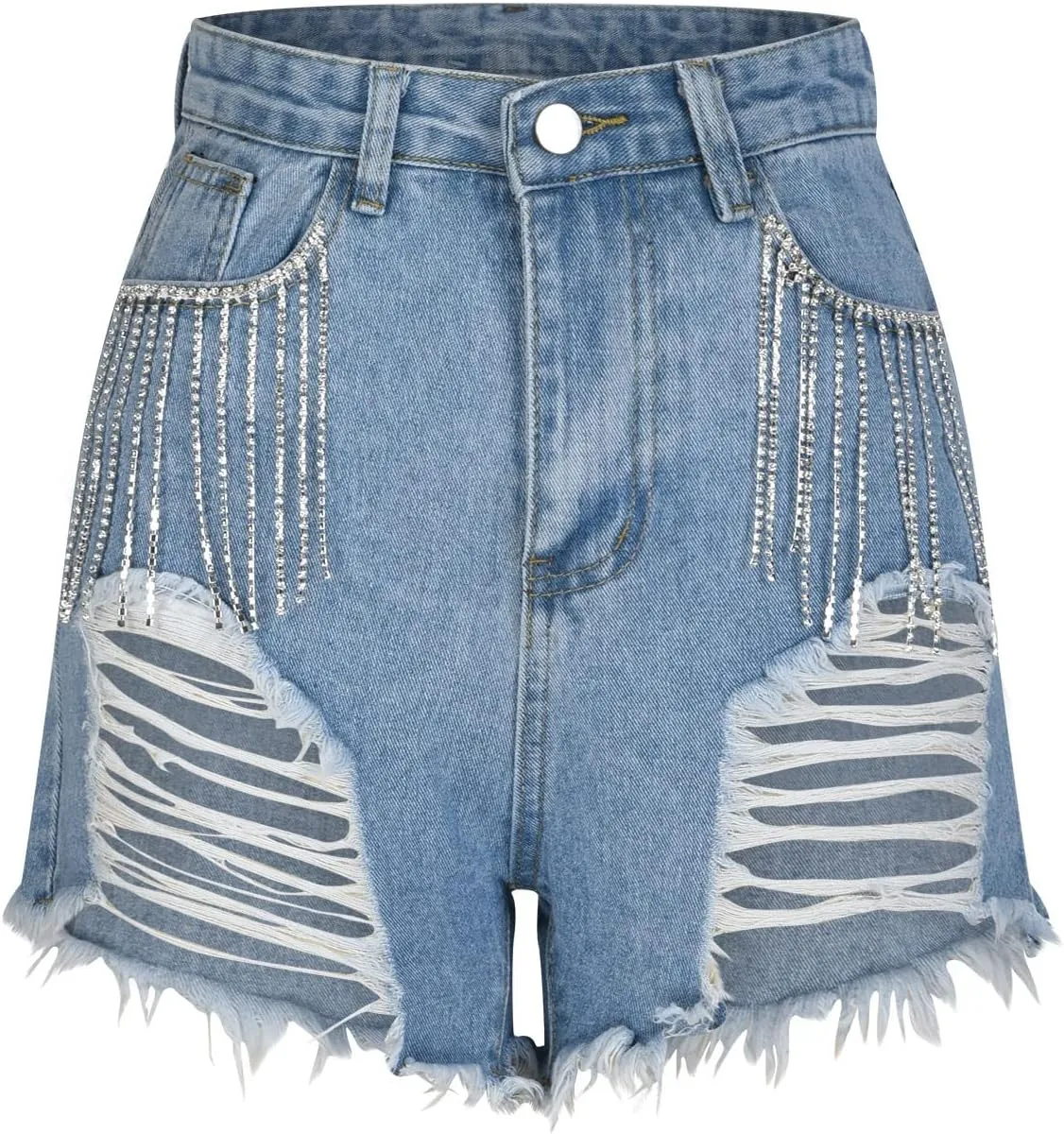 Lpmadey Women's High Waisted Denim Shorts Distressed Raw Edge Stretch Denim Jean Shorts Pearl Beaded Tassels Ripped Shorts