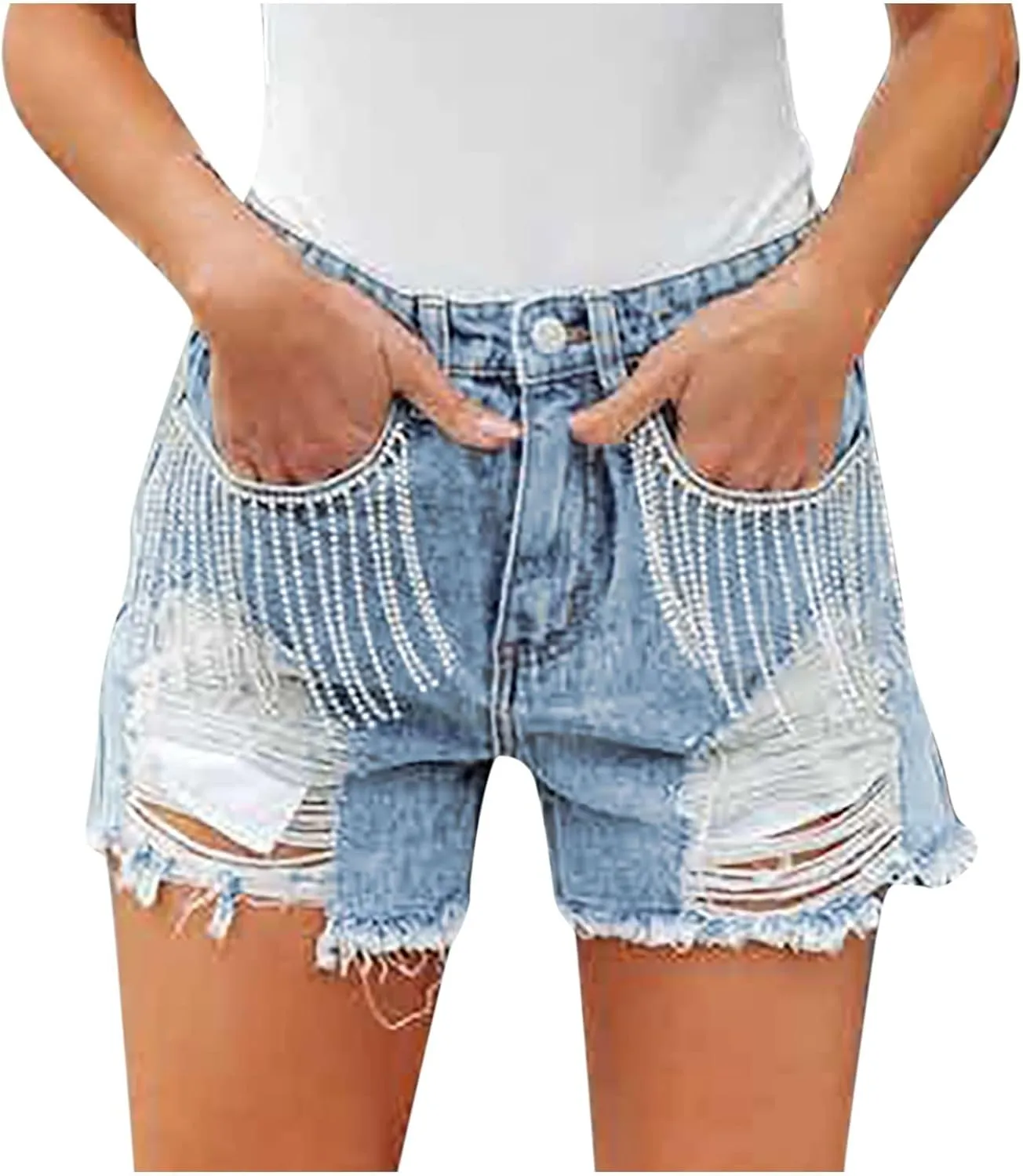 Lpmadey Women's High Waisted Denim Shorts Distressed Raw Edge Stretch Denim Jean Shorts Pearl Beaded Tassels Ripped Shorts