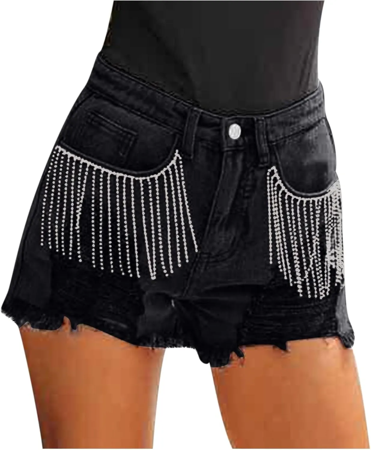 Lpmadey Women's High Waisted Denim Shorts Distressed Raw Edge Stretch Denim Jean Shorts Pearl Beaded Tassels Ripped Shorts