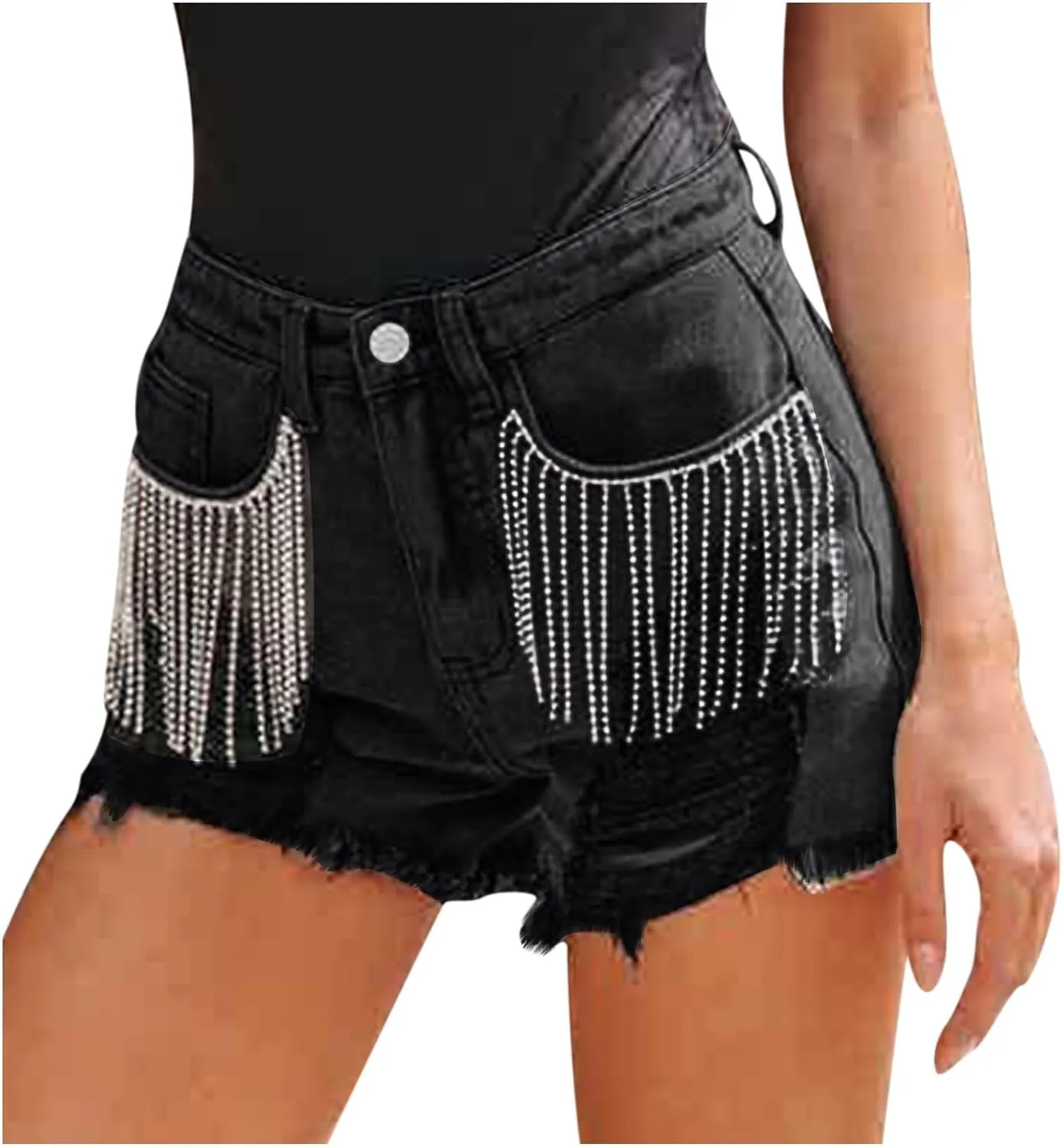Lpmadey Women's High Waisted Denim Shorts Distressed Raw Edge Stretch Denim Jean Shorts Pearl Beaded Tassels Ripped Shorts