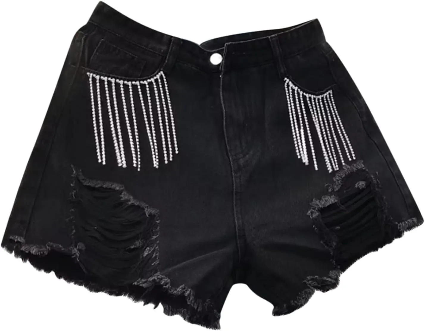 Lpmadey Women's High Waisted Denim Shorts Distressed Raw Edge Stretch Denim Jean Shorts Pearl Beaded Tassels Ripped Shorts