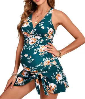 Maacie Maternity Tankini Swimdress Two Piece Swimsuits V Neck Cross-Back Floral Print Ruched Skirt Swimwear