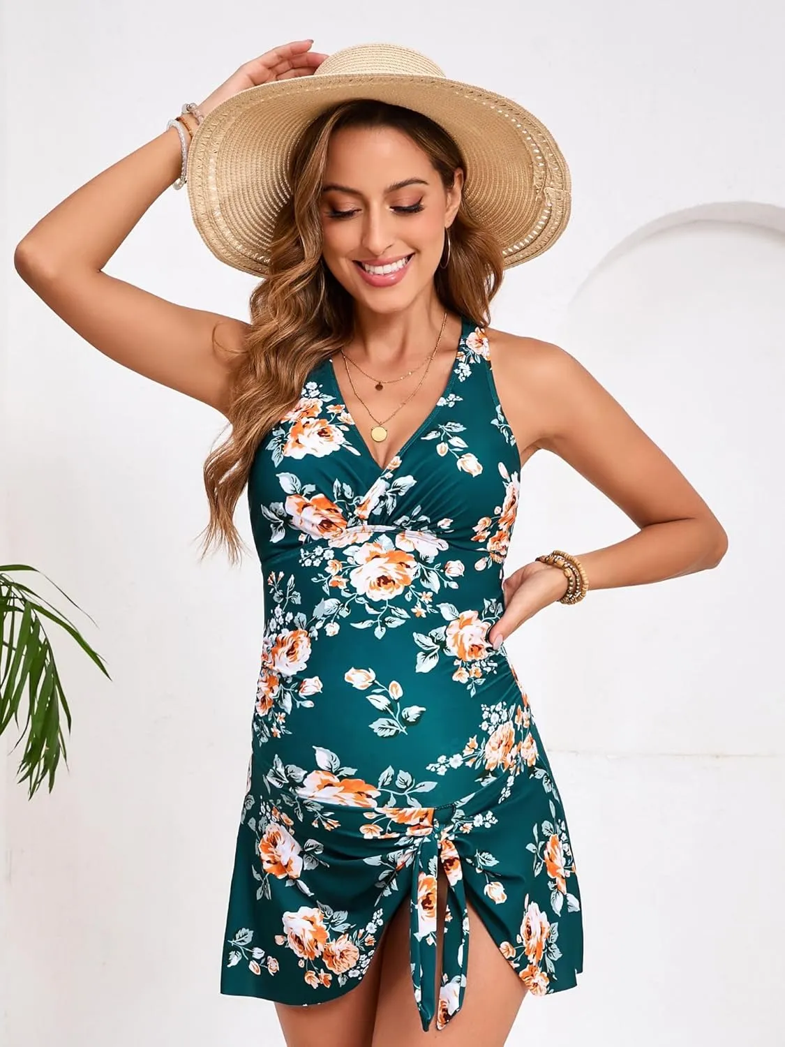 Maacie Maternity Tankini Swimdress Two Piece Swimsuits V Neck Cross-Back Floral Print Ruched Skirt Swimwear