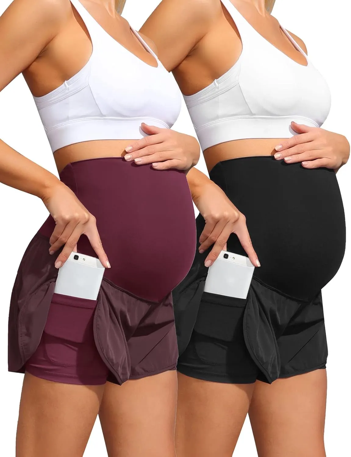Maacie Women Maternity Layered Fast Drying Yoga Shorts with Liner Inner Pocket