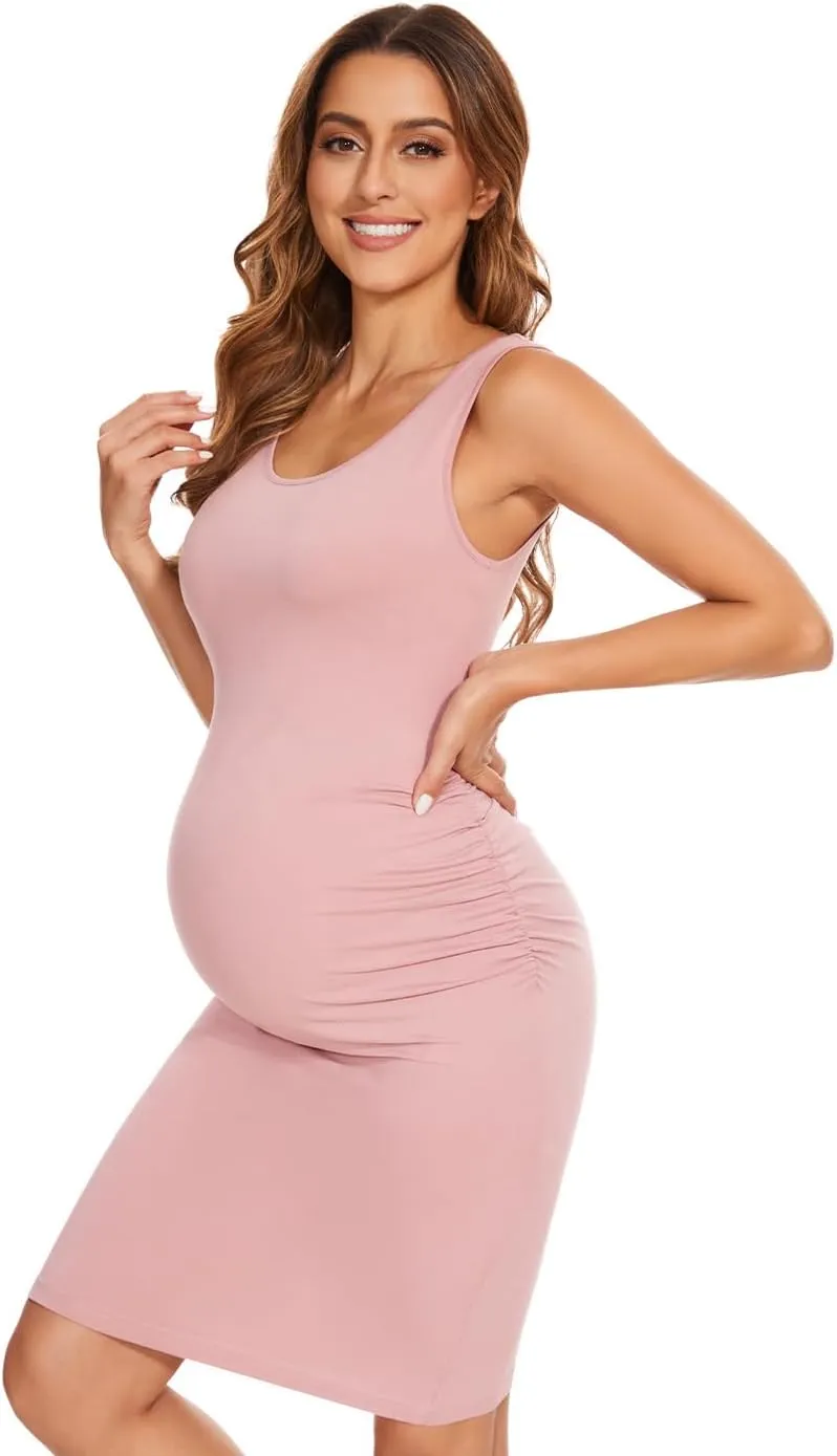 Maternity Dresses for Daily, Baby Shower Photography, Short Sleeve Sleeveless Tank Dresses, Side Ruching