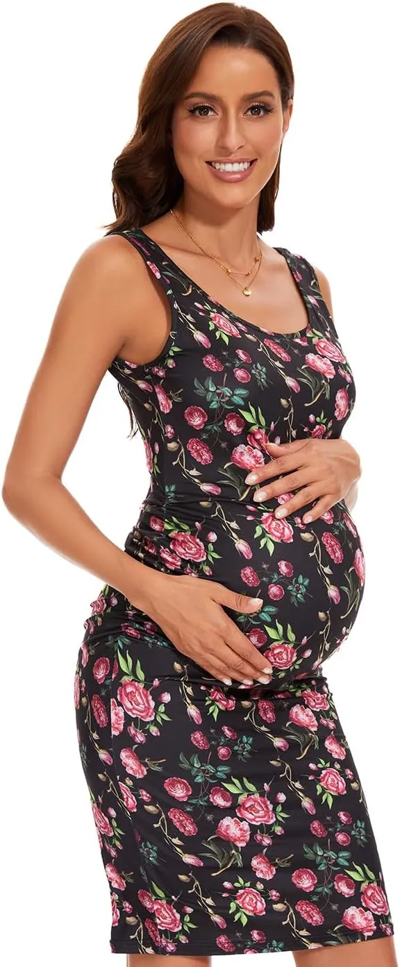 Maternity Dresses for Daily, Baby Shower Photography, Short Sleeve Sleeveless Tank Dresses, Side Ruching