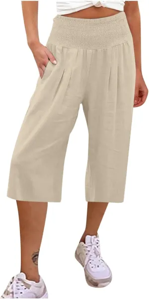 Maternity Shorts 2024 Shorts for Women Long Shorts Below The Knee Casual Summer Elastic Waist Flowy Beach Shorts Cotton Linen Loose Fit Khaki L