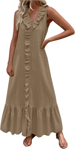 Maxi Dresses for Women Tiered Ruffle Summer Casual Maxi Dress Cotton Linen Tank Dresses