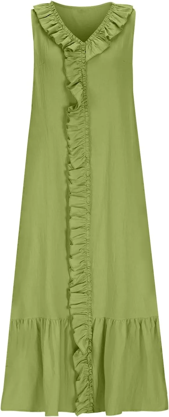 Maxi Dresses for Women Tiered Ruffle Summer Casual Maxi Dress Cotton Linen Tank Dresses