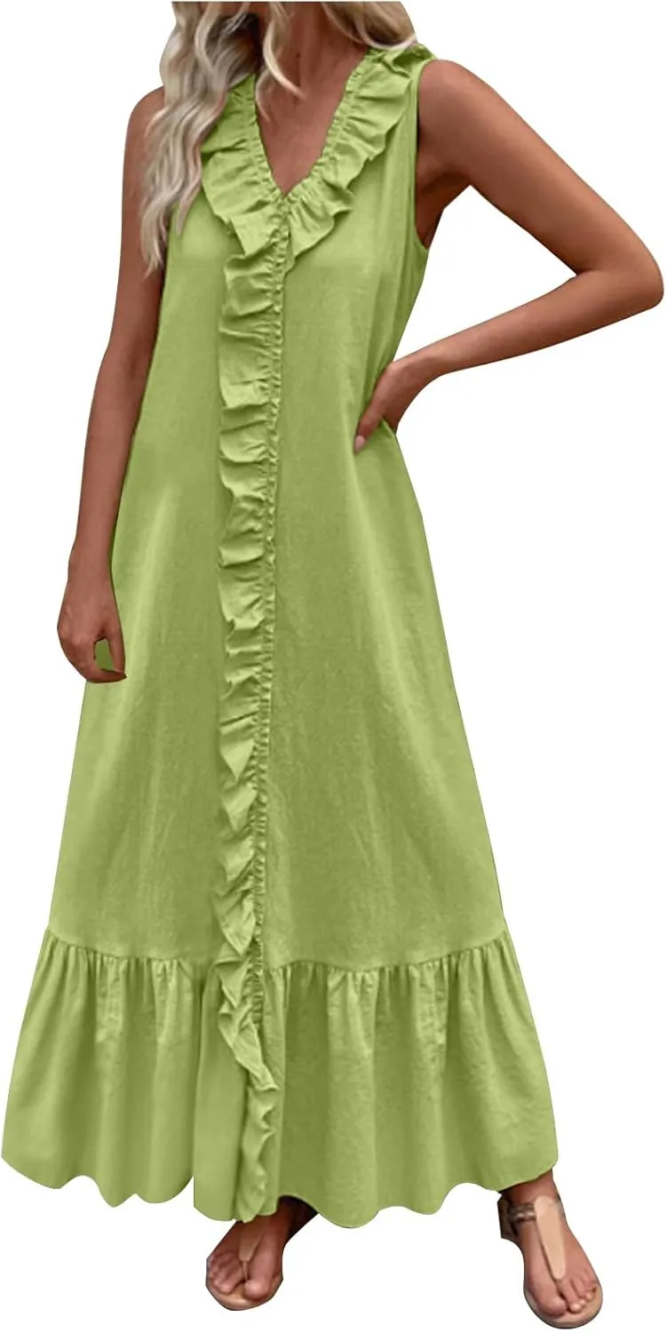 Maxi Dresses for Women Tiered Ruffle Summer Casual Maxi Dress Cotton Linen Tank Dresses