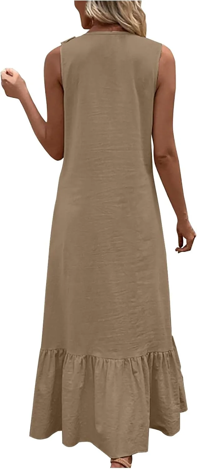 Maxi Dresses for Women Tiered Ruffle Summer Casual Maxi Dress Cotton Linen Tank Dresses