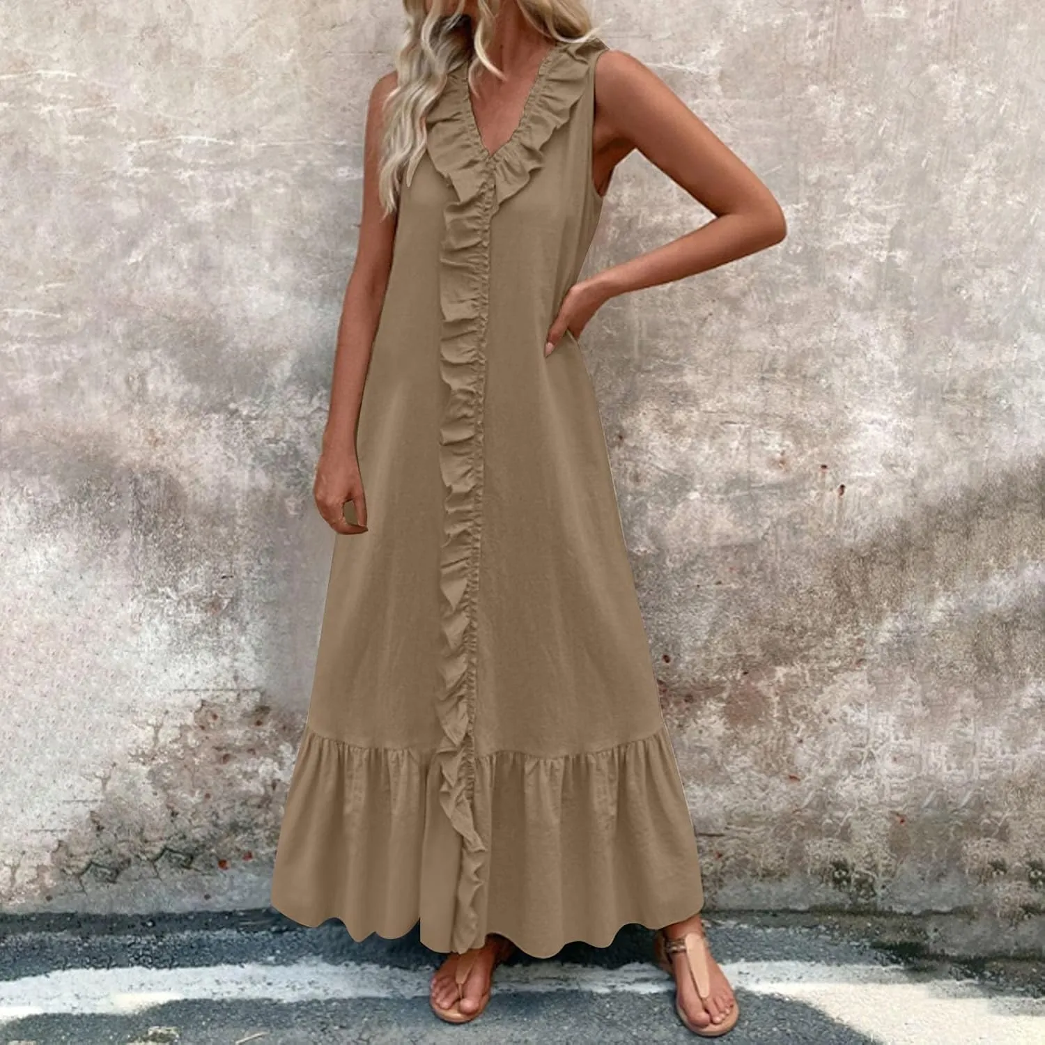 Maxi Dresses for Women Tiered Ruffle Summer Casual Maxi Dress Cotton Linen Tank Dresses