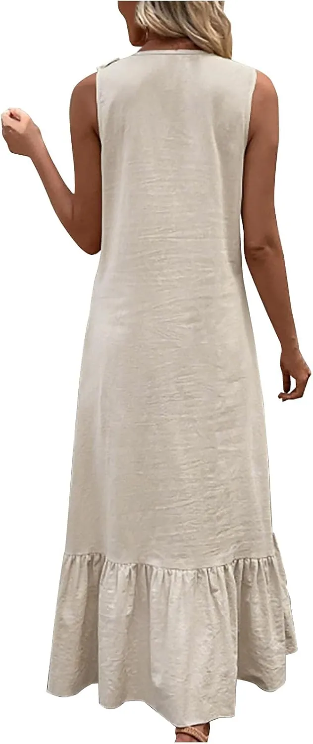 Maxi Dresses for Women Tiered Ruffle Summer Casual Maxi Dress Cotton Linen Tank Dresses