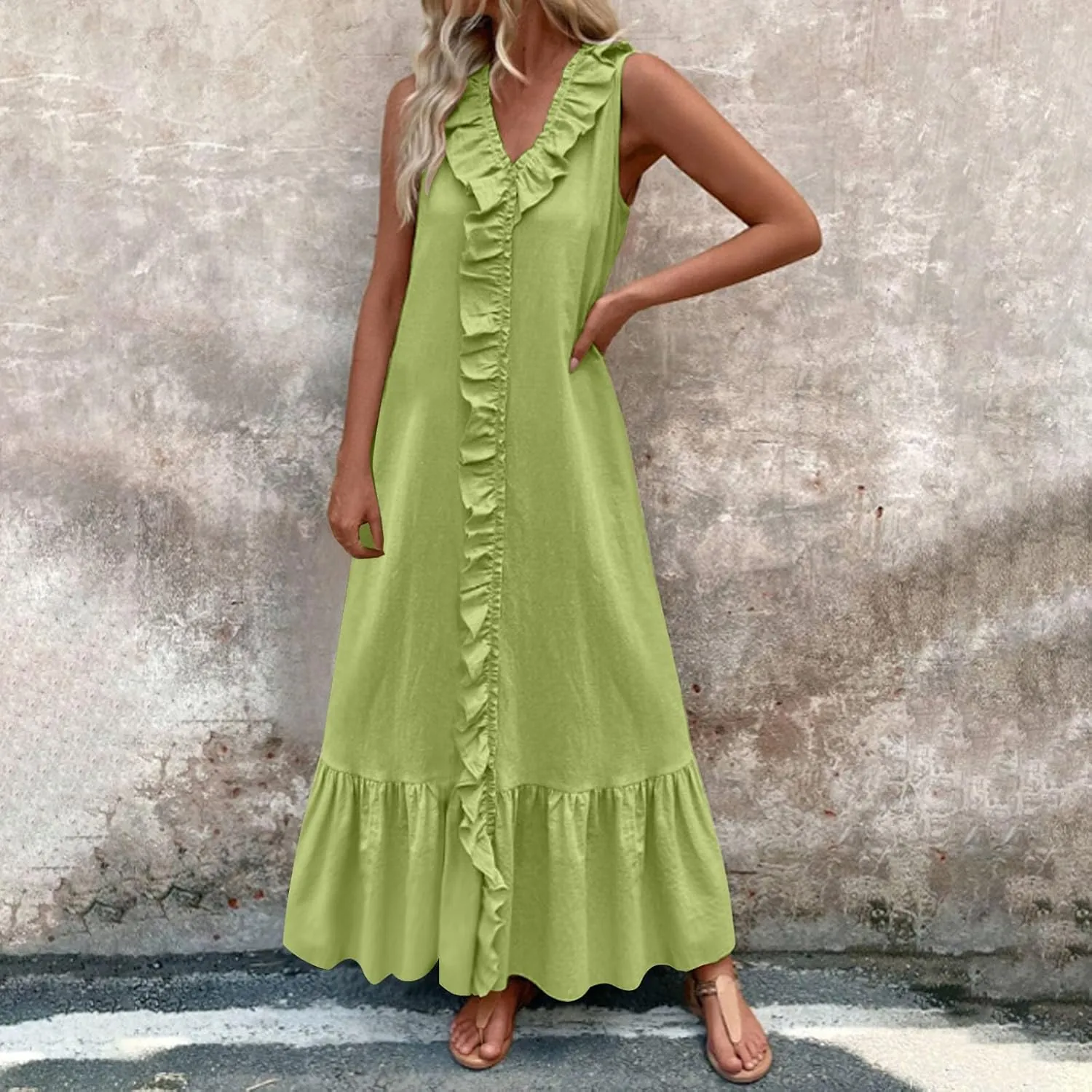 Maxi Dresses for Women Tiered Ruffle Summer Casual Maxi Dress Cotton Linen Tank Dresses