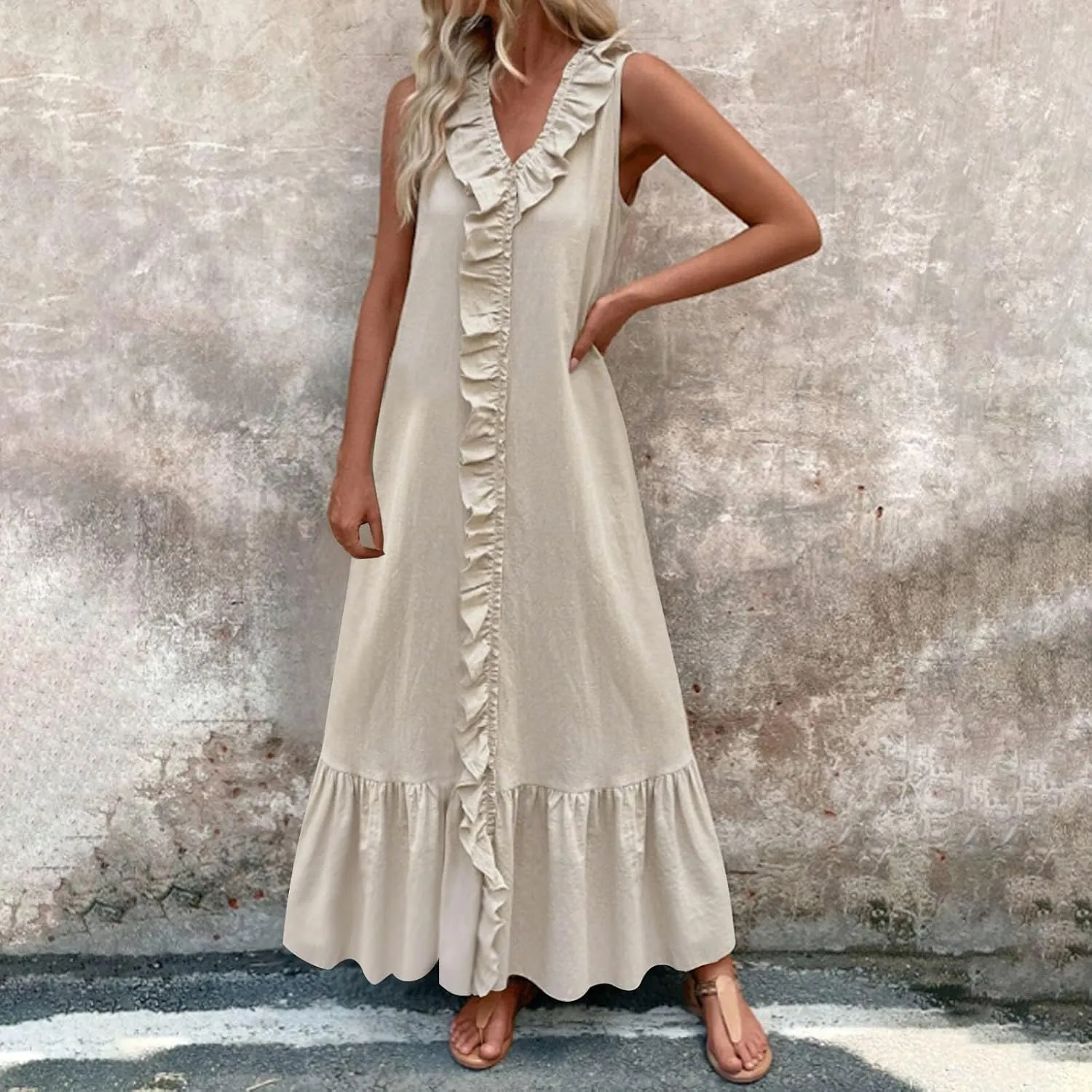 Maxi Dresses for Women Tiered Ruffle Summer Casual Maxi Dress Cotton Linen Tank Dresses