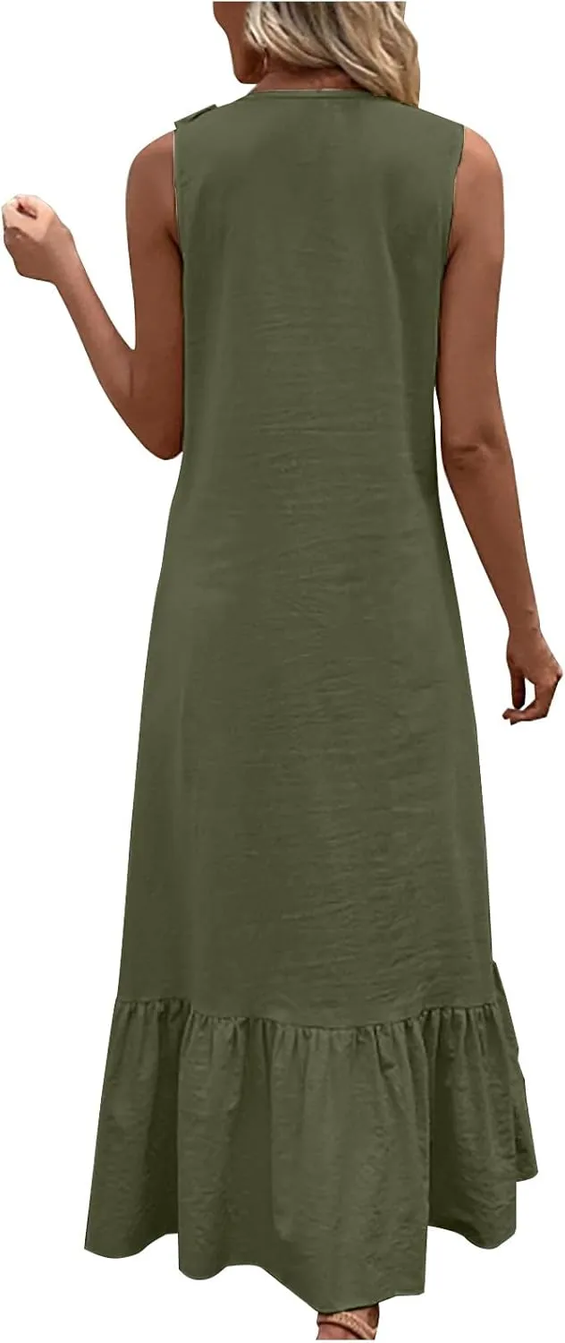 Maxi Dresses for Women Tiered Ruffle Summer Casual Maxi Dress Cotton Linen Tank Dresses