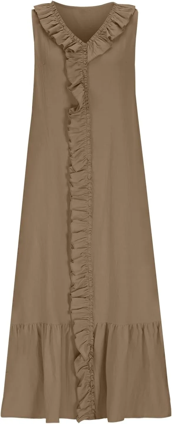 Maxi Dresses for Women Tiered Ruffle Summer Casual Maxi Dress Cotton Linen Tank Dresses