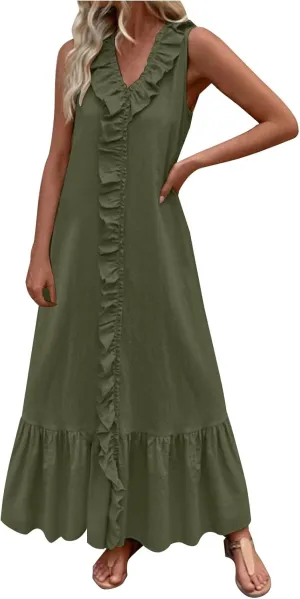 Maxi Dresses for Women Tiered Ruffle Summer Casual Maxi Dress Cotton Linen Tank Dresses