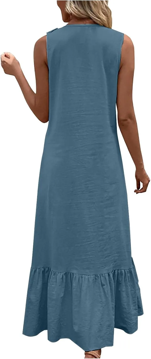 Maxi Dresses for Women Tiered Ruffle Summer Casual Maxi Dress Cotton Linen Tank Dresses