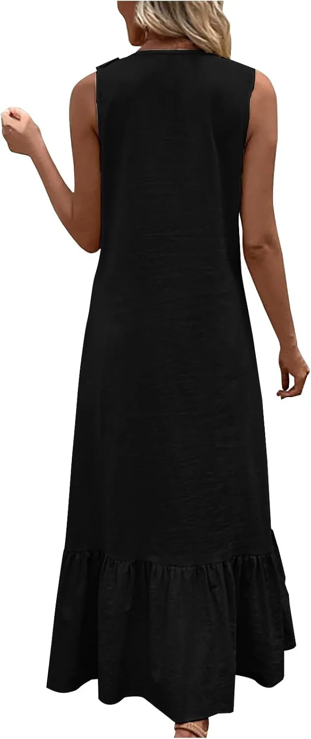 Maxi Dresses for Women Tiered Ruffle Summer Casual Maxi Dress Cotton Linen Tank Dresses