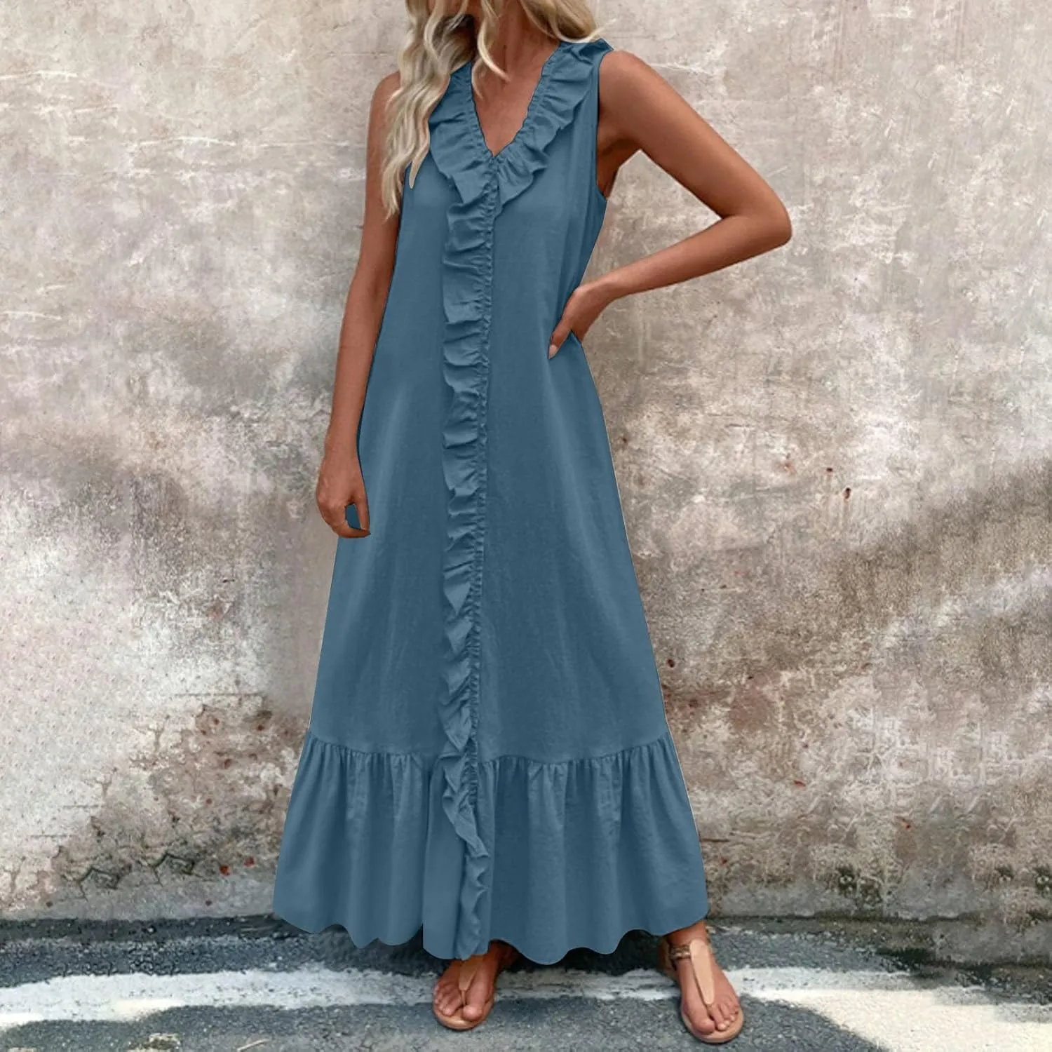 Maxi Dresses for Women Tiered Ruffle Summer Casual Maxi Dress Cotton Linen Tank Dresses