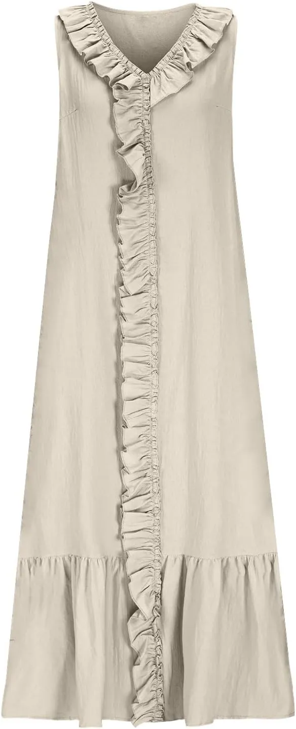 Maxi Dresses for Women Tiered Ruffle Summer Casual Maxi Dress Cotton Linen Tank Dresses