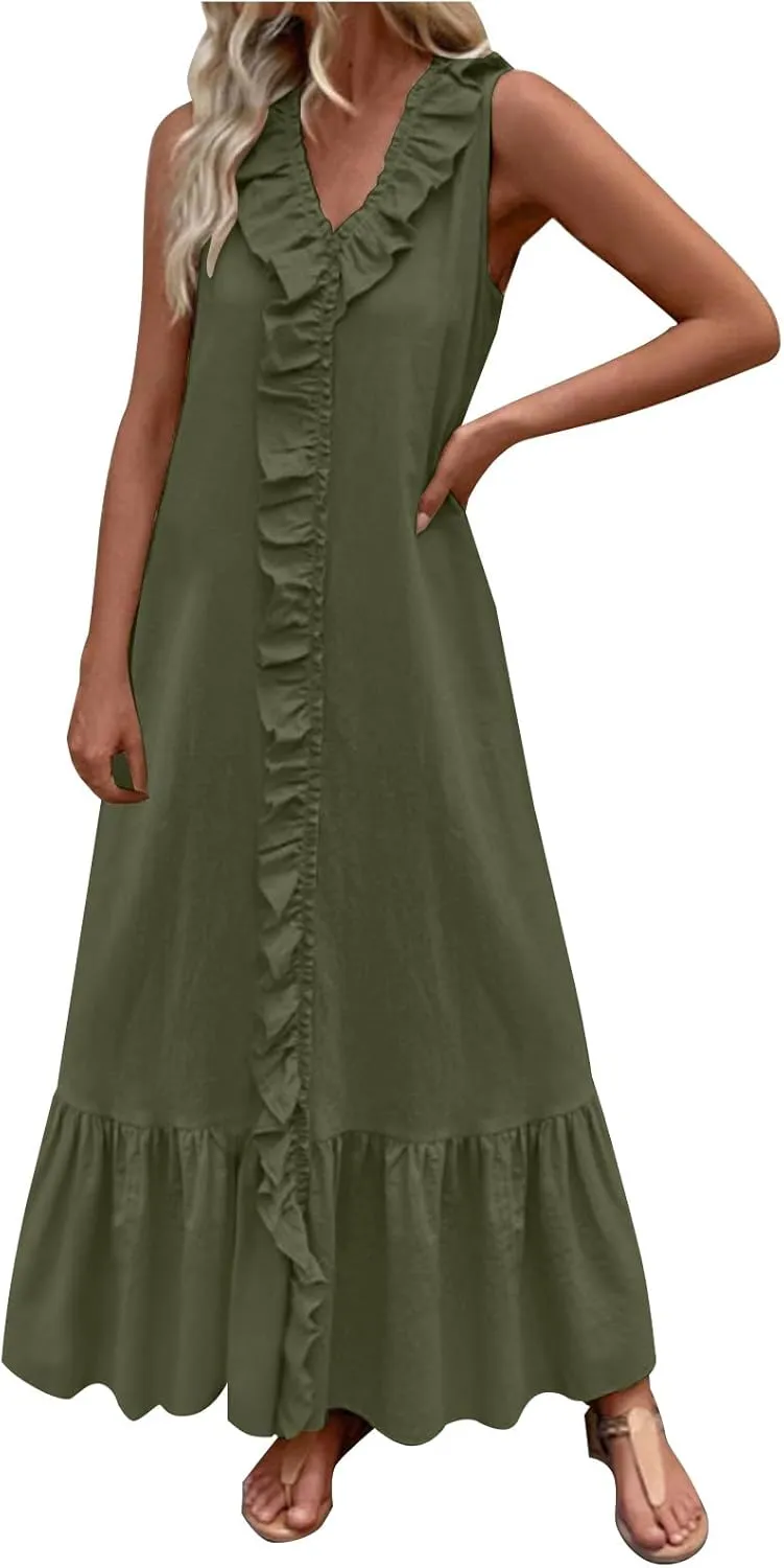 Maxi Dresses for Women Tiered Ruffle Summer Casual Maxi Dress Cotton Linen Tank Dresses