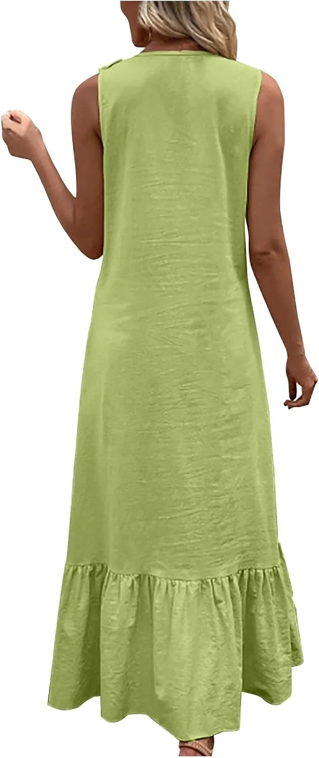 Maxi Dresses for Women Tiered Ruffle Summer Casual Maxi Dress Cotton Linen Tank Dresses