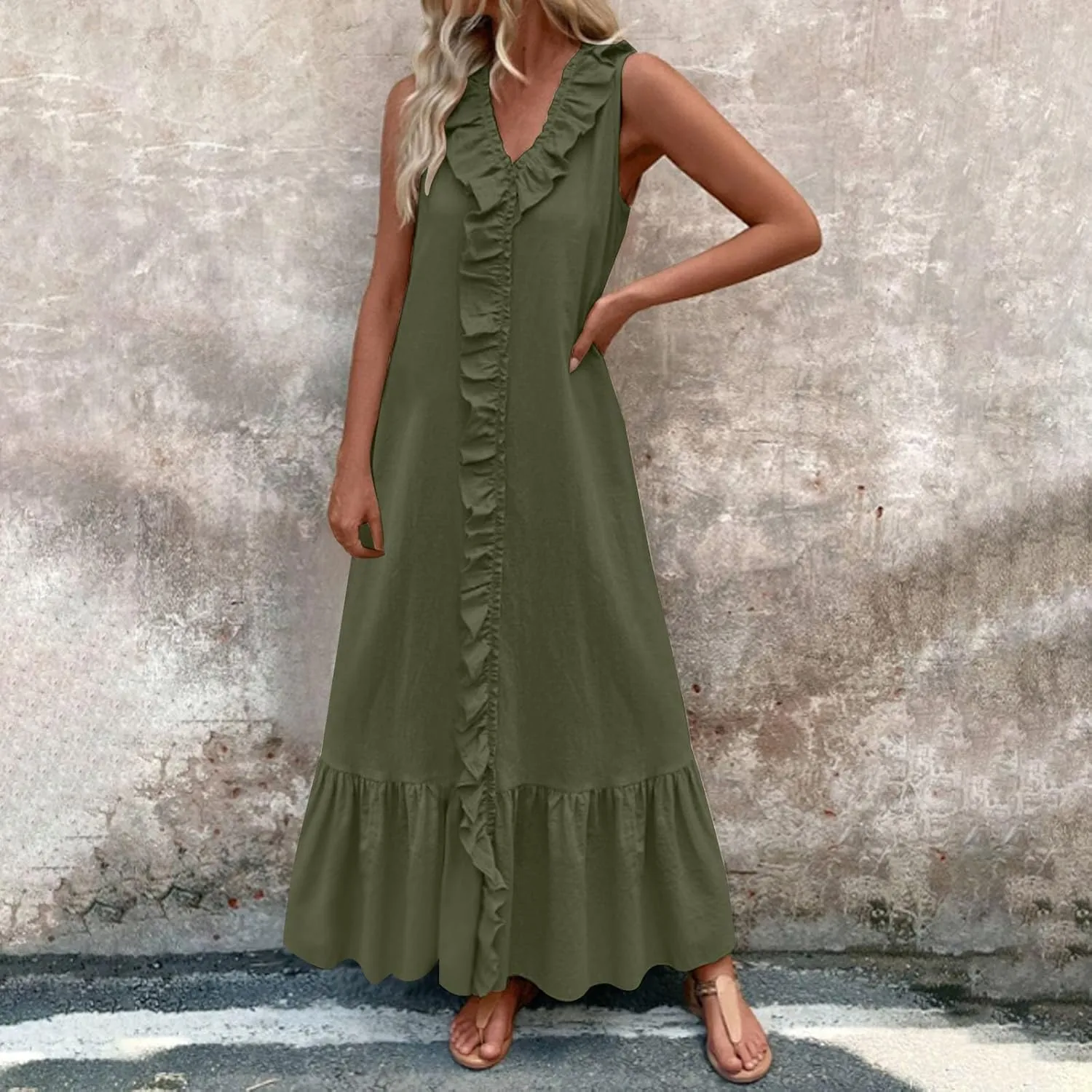 Maxi Dresses for Women Tiered Ruffle Summer Casual Maxi Dress Cotton Linen Tank Dresses