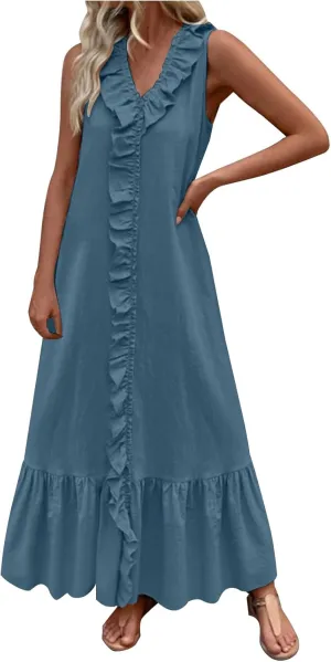 Maxi Dresses for Women Tiered Ruffle Summer Casual Maxi Dress Cotton Linen Tank Dresses