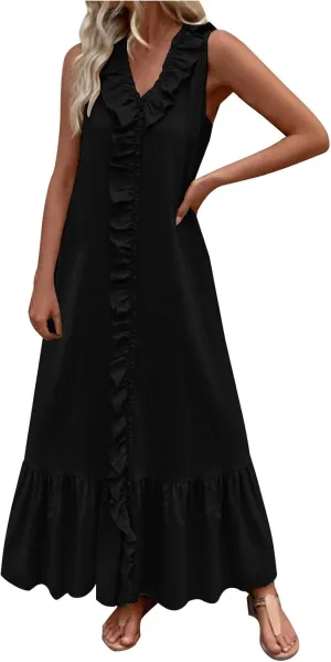 Maxi Dresses for Women Tiered Ruffle Summer Casual Maxi Dress Cotton Linen Tank Dresses