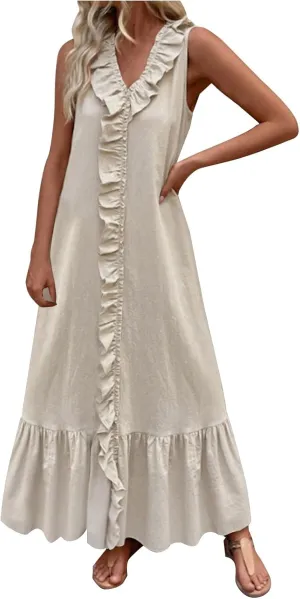 Maxi Dresses for Women Tiered Ruffle Summer Casual Maxi Dress Cotton Linen Tank Dresses