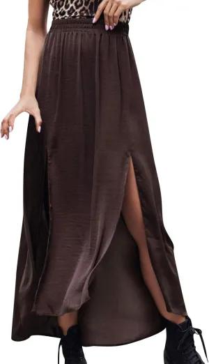 Maxi Skirt for Women Casual Flowy Split Ruffle High Low Beach Skirts Elastic High Waist Pleated A Line Long Skirts