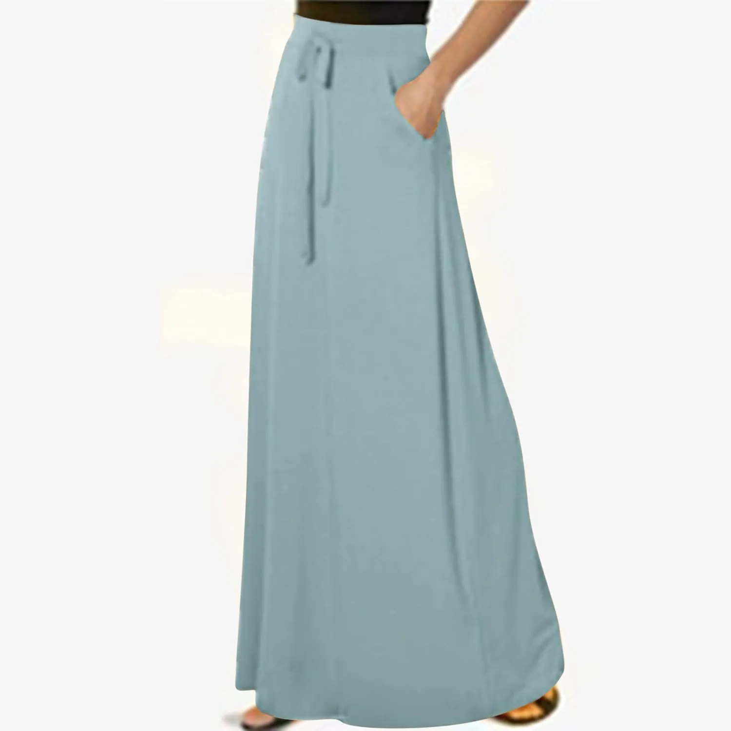 Maxi Skirt for Women Casual High Waist Drawstring Long Dress with Pockets Flowy Lounge Skirts