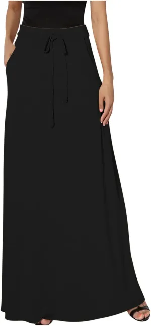 Maxi Skirt for Women Casual High Waist Drawstring Long Dress with Pockets Flowy Lounge Skirts
