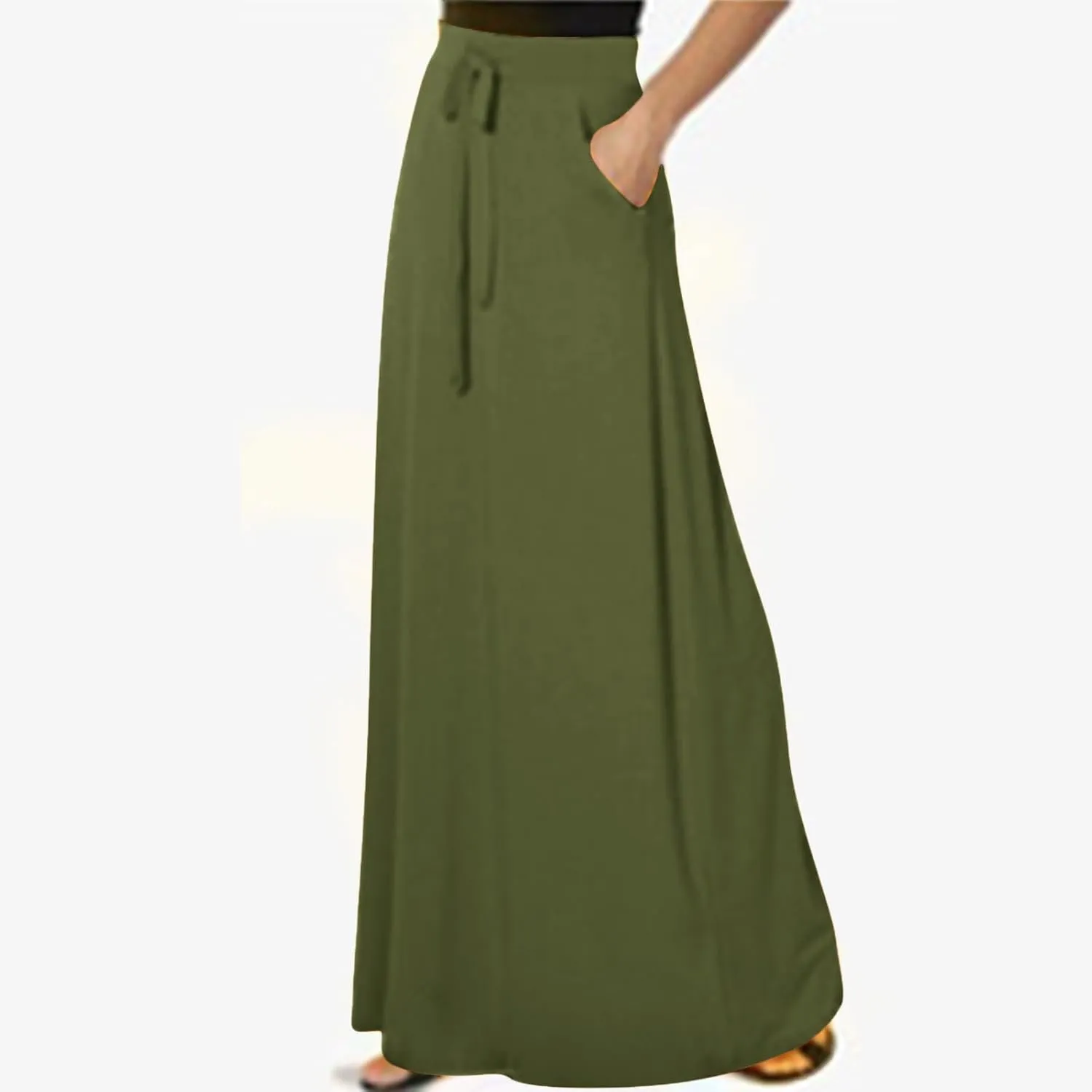 Maxi Skirt for Women Casual High Waist Drawstring Long Dress with Pockets Flowy Lounge Skirts