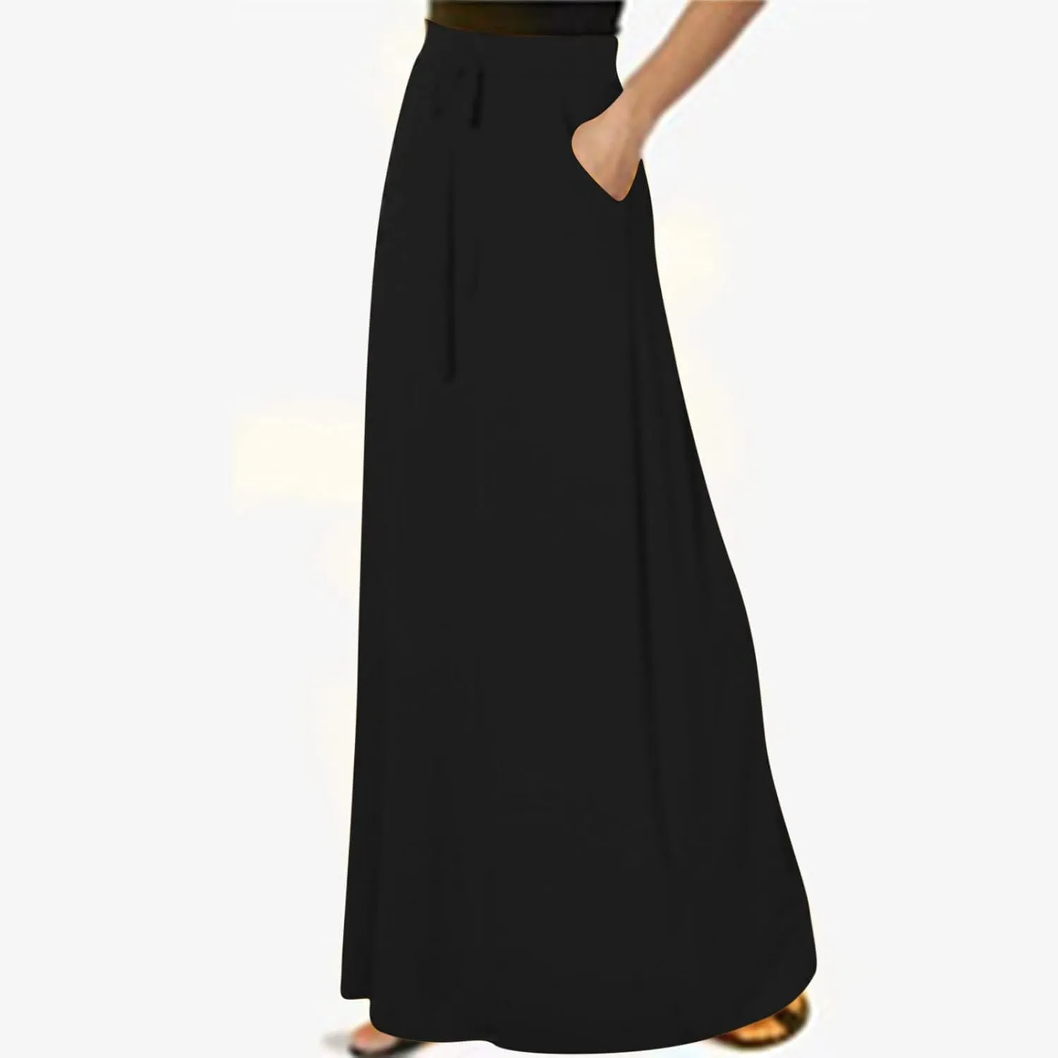 Maxi Skirt for Women Casual High Waist Drawstring Long Dress with Pockets Flowy Lounge Skirts