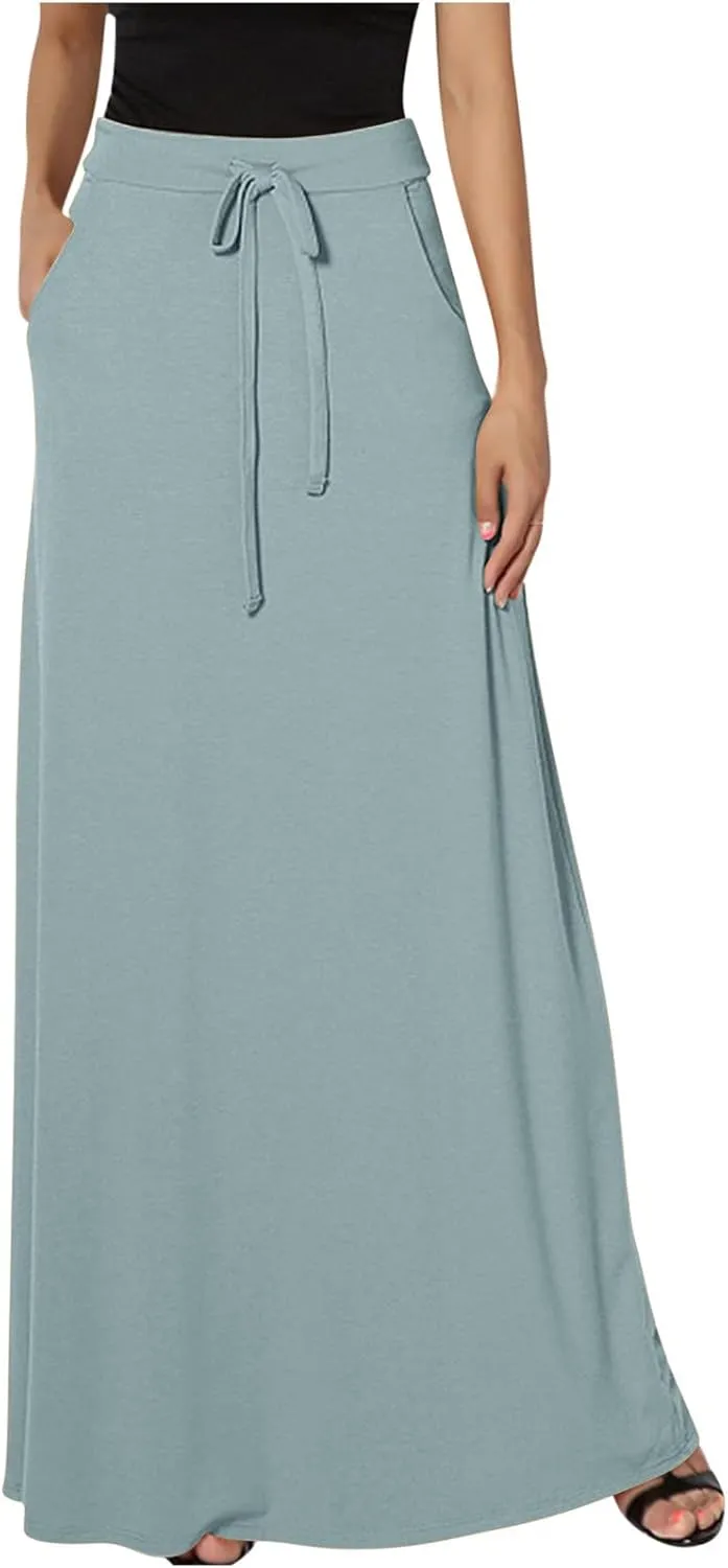 Maxi Skirt for Women Casual High Waist Drawstring Long Dress with Pockets Flowy Lounge Skirts