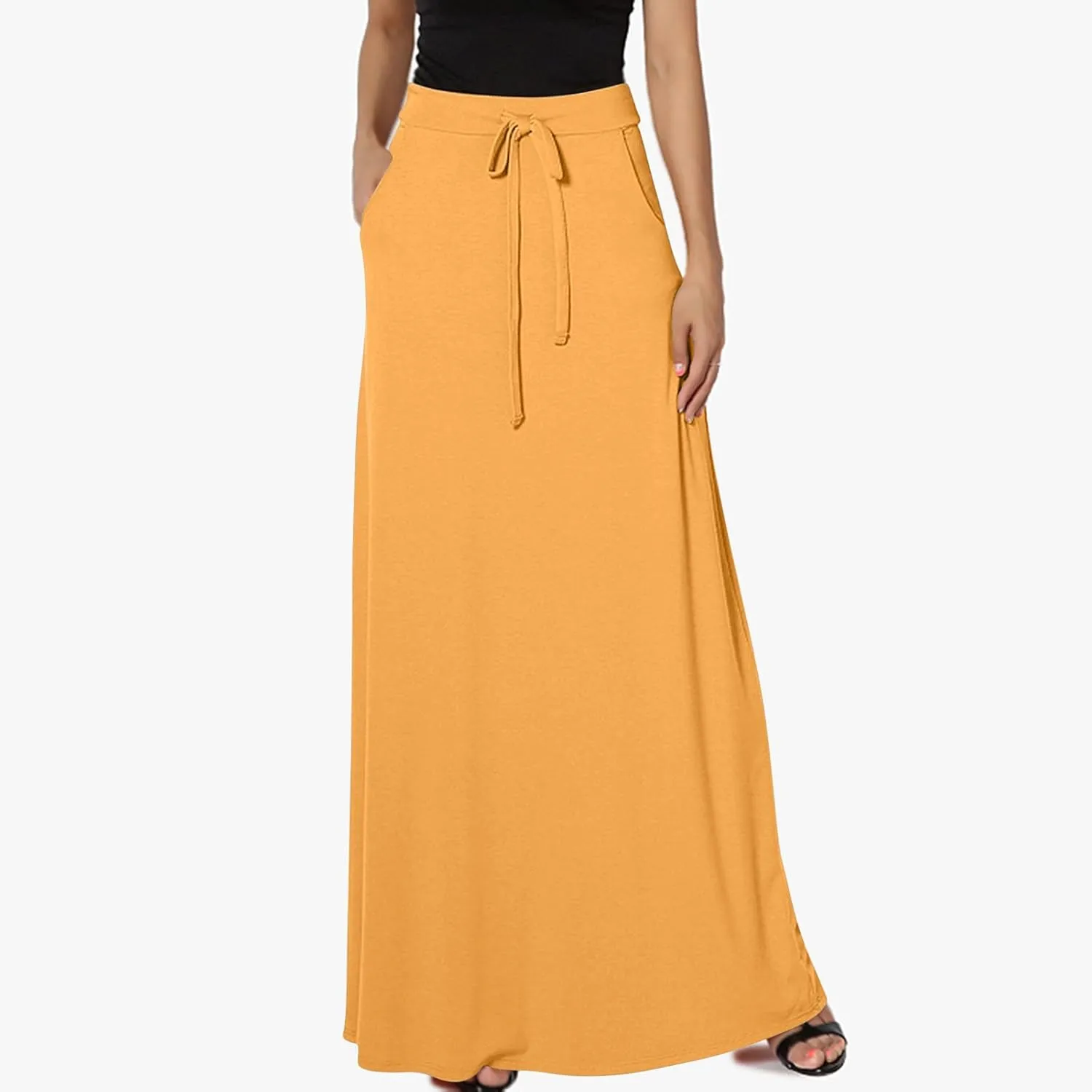 Maxi Skirt for Women Casual High Waist Drawstring Long Dress with Pockets Flowy Lounge Skirts