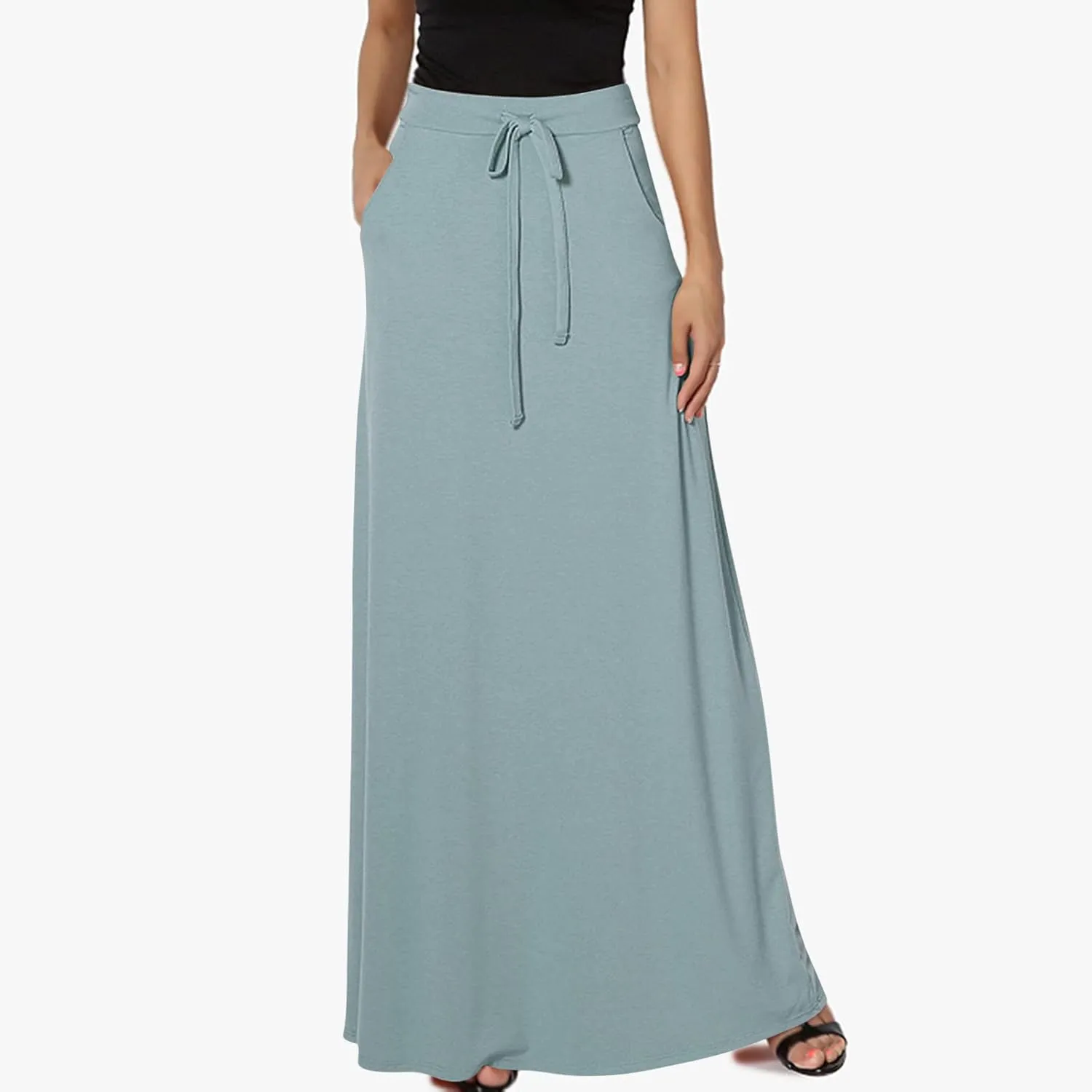Maxi Skirt for Women Casual High Waist Drawstring Long Dress with Pockets Flowy Lounge Skirts