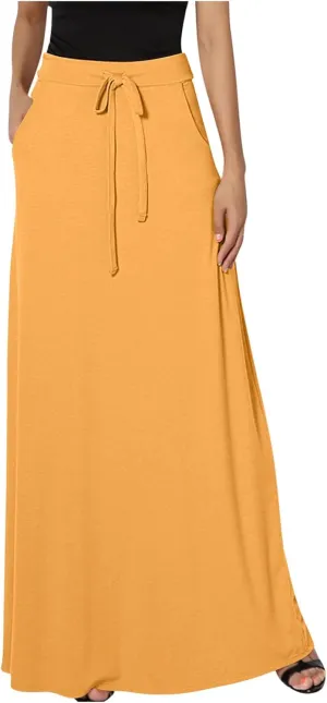 Maxi Skirt for Women Casual High Waist Drawstring Long Dress with Pockets Flowy Lounge Skirts