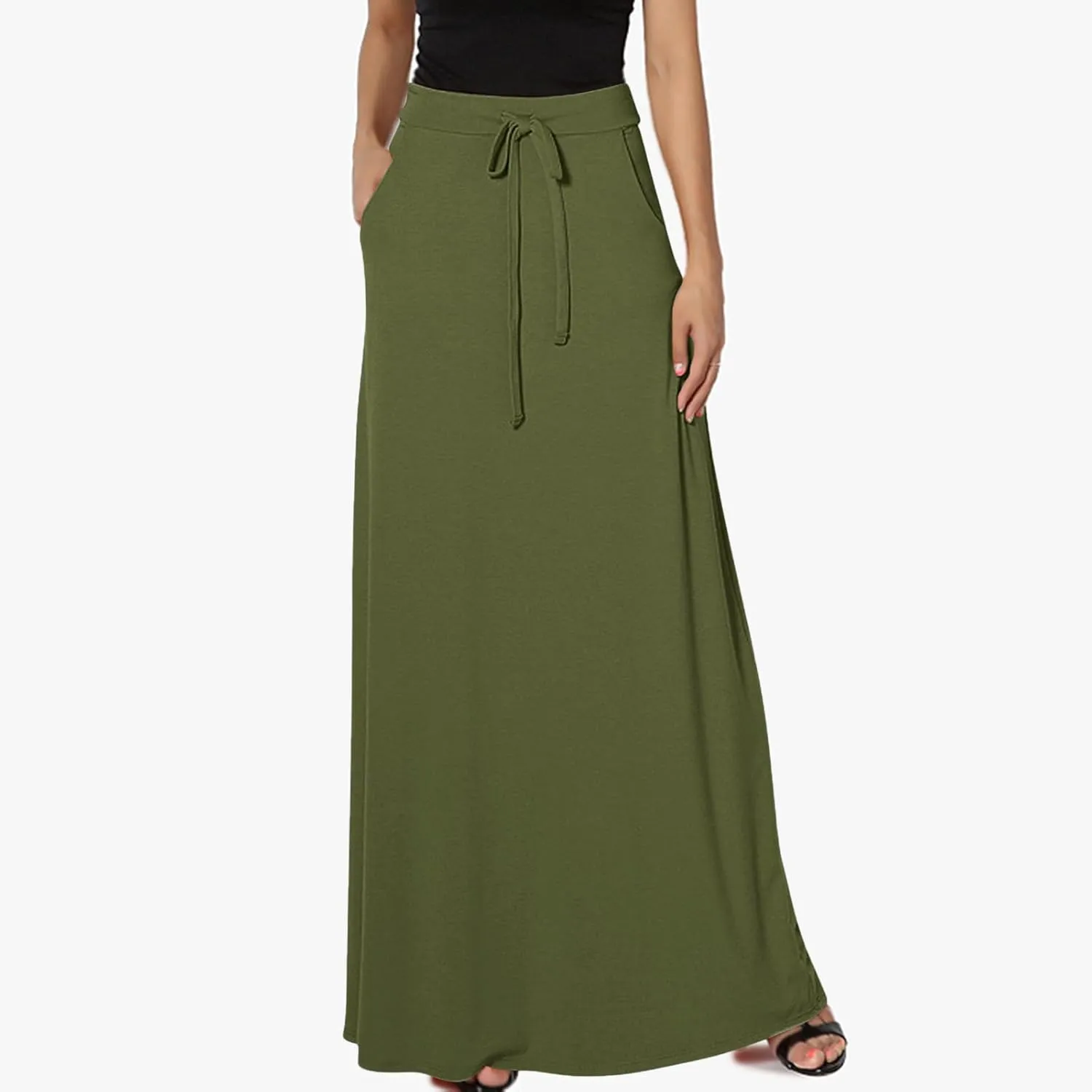 Maxi Skirt for Women Casual High Waist Drawstring Long Dress with Pockets Flowy Lounge Skirts