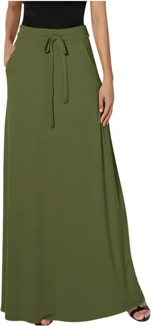 Maxi Skirt for Women Casual High Waist Drawstring Long Dress with Pockets Flowy Lounge Skirts