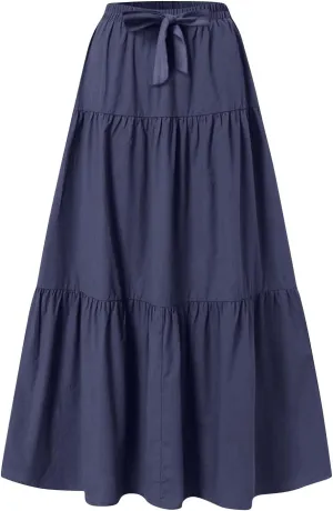 Maxi Skirts for Women 2025 Summer Boho Elastic High Waist A-Line Bow Tie Dress 3-Layer Tiered Flowy Ruffle Long Skirt
