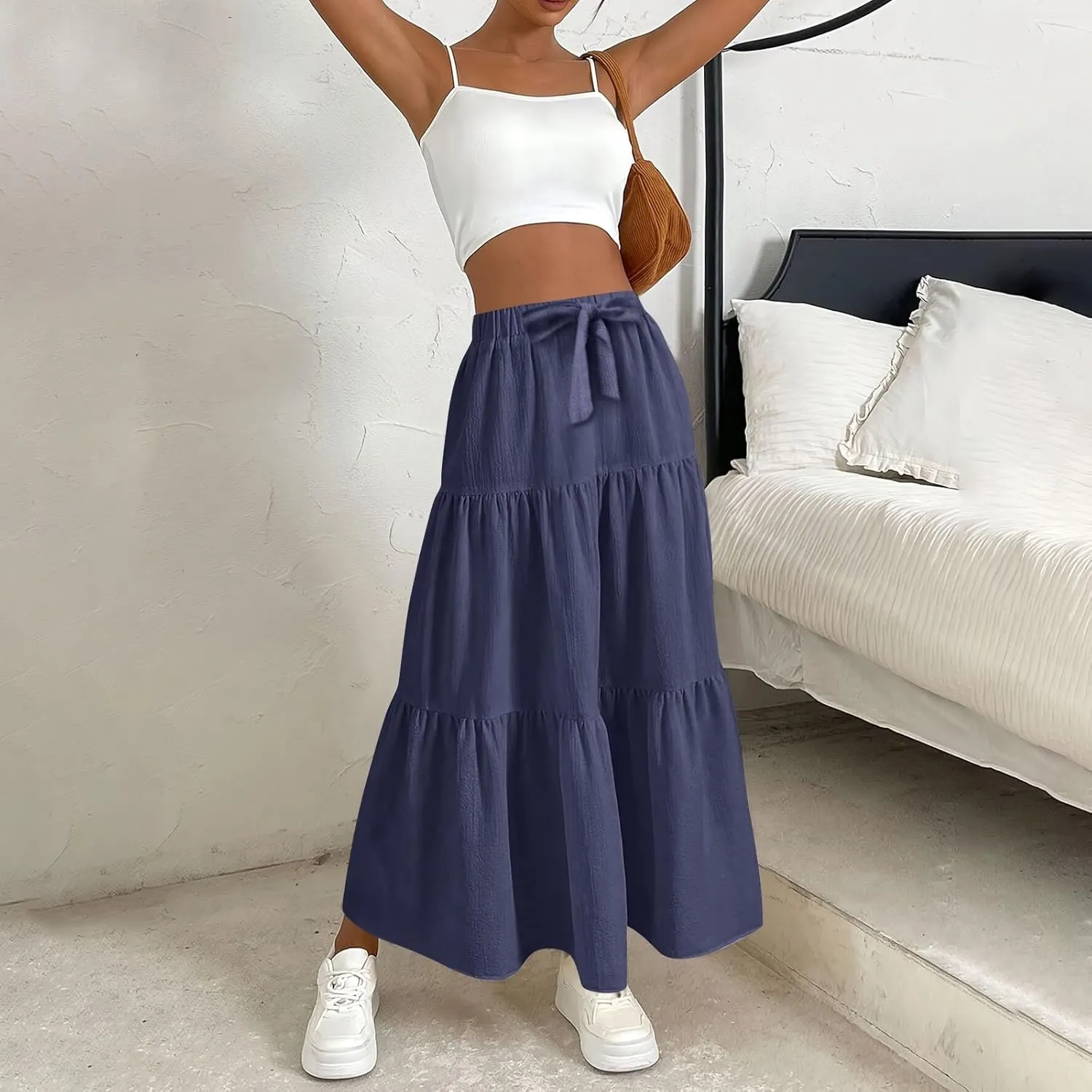 Maxi Skirts for Women 2025 Summer Boho Elastic High Waist A-Line Bow Tie Dress 3-Layer Tiered Flowy Ruffle Long Skirt