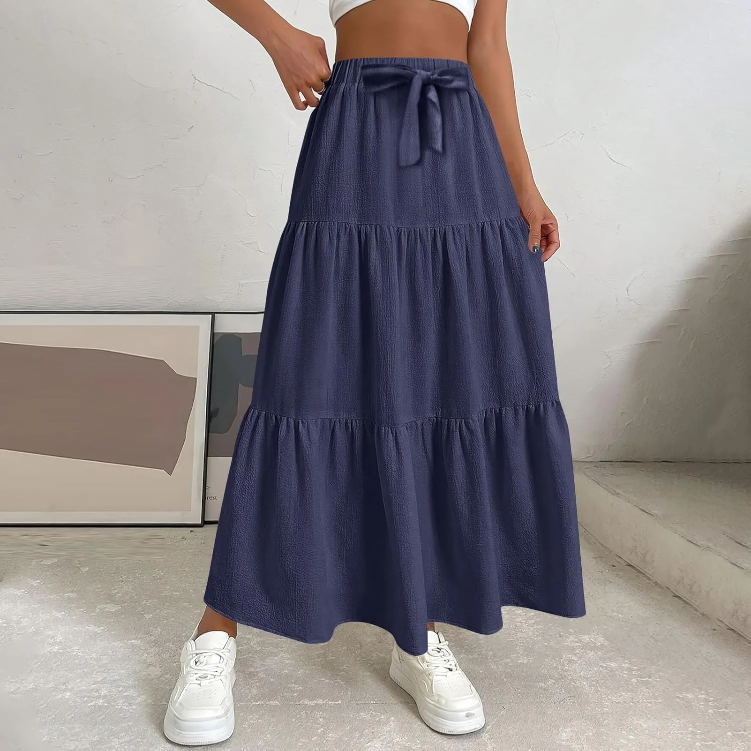 Maxi Skirts for Women 2025 Summer Boho Elastic High Waist A-Line Bow Tie Dress 3-Layer Tiered Flowy Ruffle Long Skirt