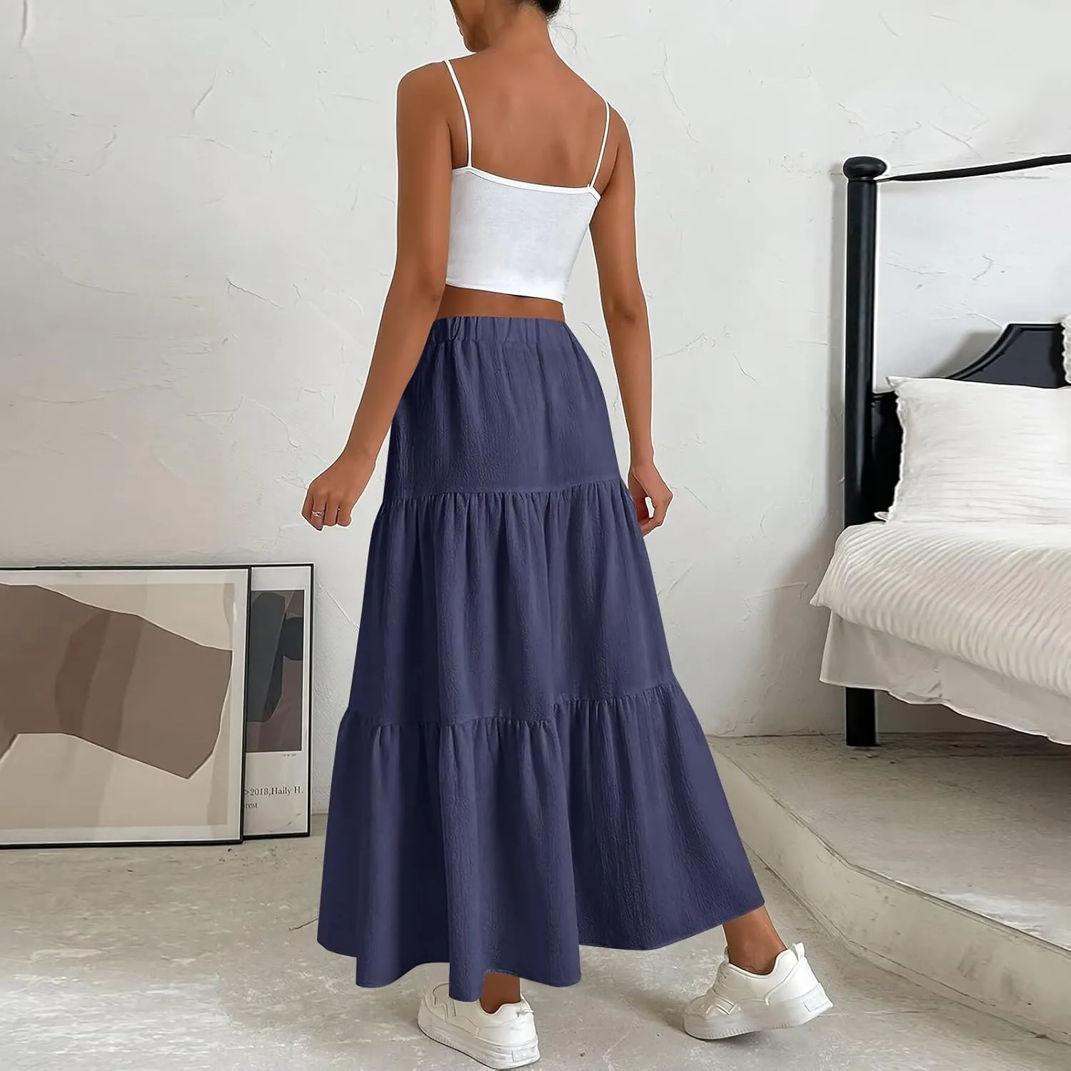 Maxi Skirts for Women 2025 Summer Boho Elastic High Waist A-Line Bow Tie Dress 3-Layer Tiered Flowy Ruffle Long Skirt