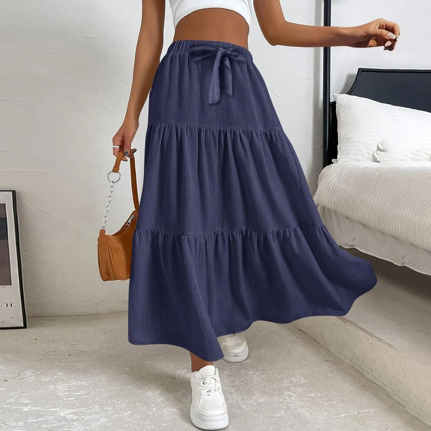 Maxi Skirts for Women 2025 Summer Boho Elastic High Waist A-Line Bow Tie Dress 3-Layer Tiered Flowy Ruffle Long Skirt