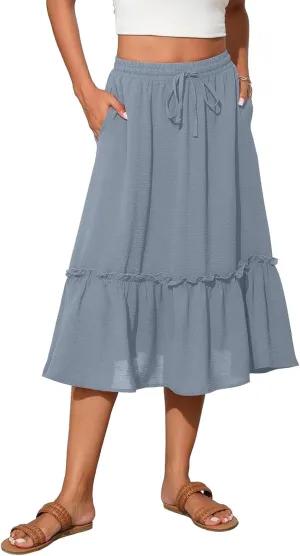 Maxi Skirts for Women Casual Summer High Waisted Drawstring Tiered Skirt Loose Lightweight Flowy Solid A-Line Skirt