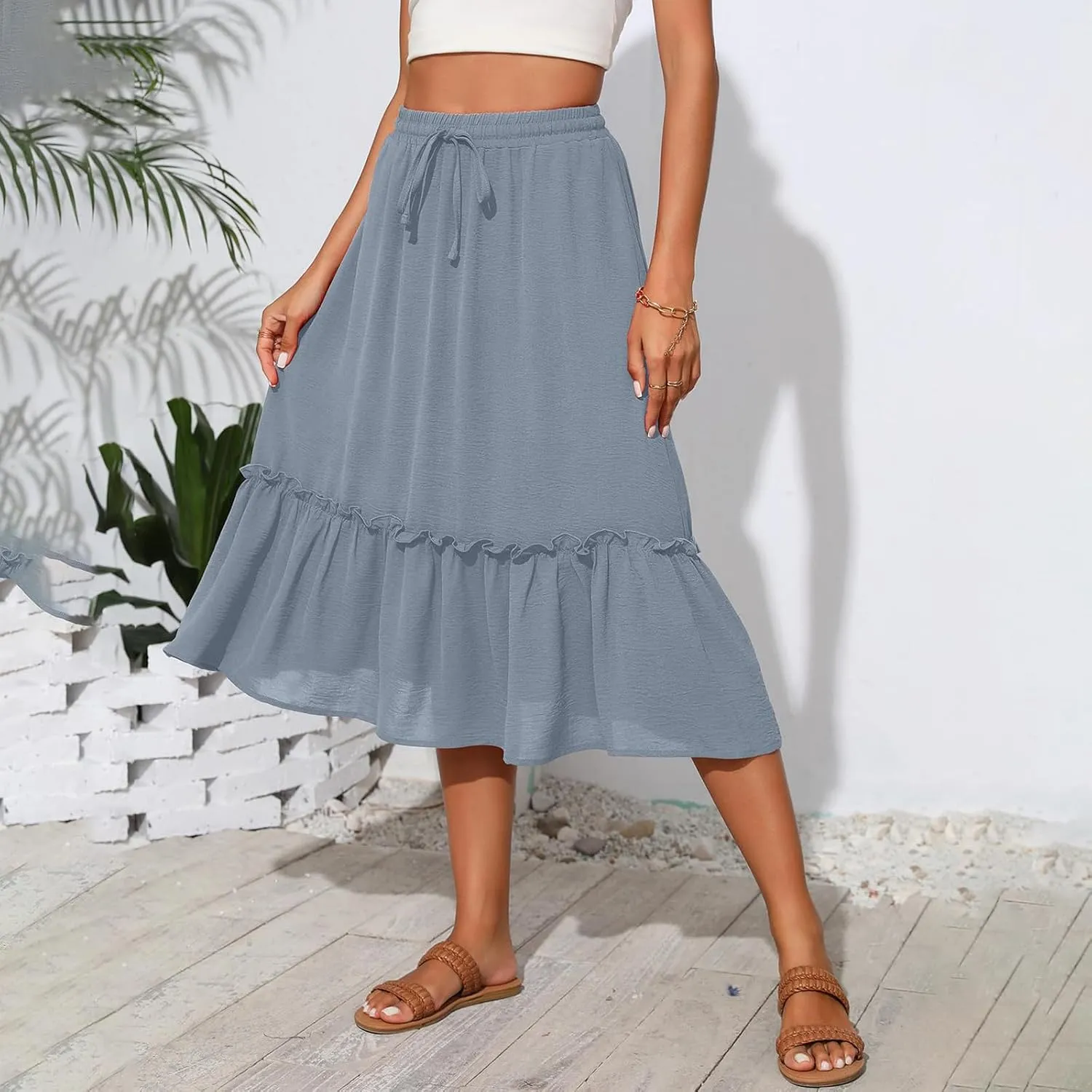 Maxi Skirts for Women Casual Summer High Waisted Drawstring Tiered Skirt Loose Lightweight Flowy Solid A-Line Skirt